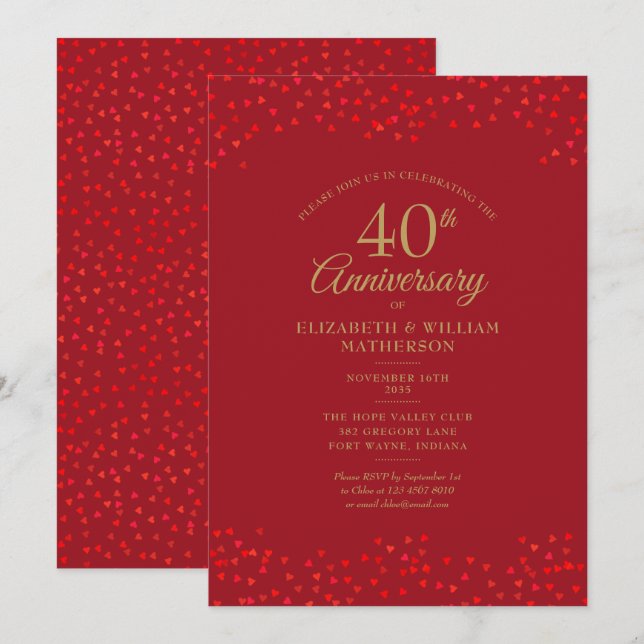 40th Anniversary Ruby Love Hearts Confetti Invitation (Front/Back)