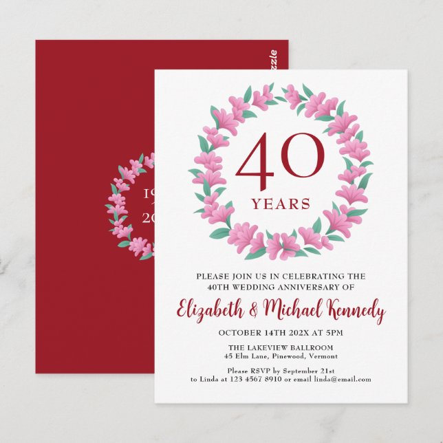 40th Anniversary Ruby Pink Green Wreath Invitation Postcard (Front/Back)