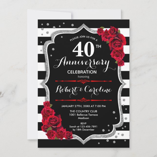 40th Anniversary - Ruby Red Silver Black White Invitation (Front)