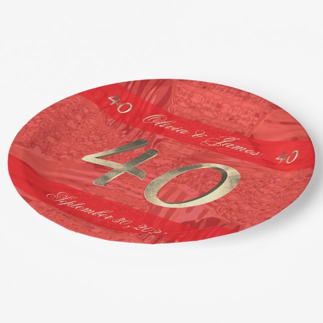 40th Anniversary Ruby Wedding Elegant Red and Gold Paper Plate (Angled)