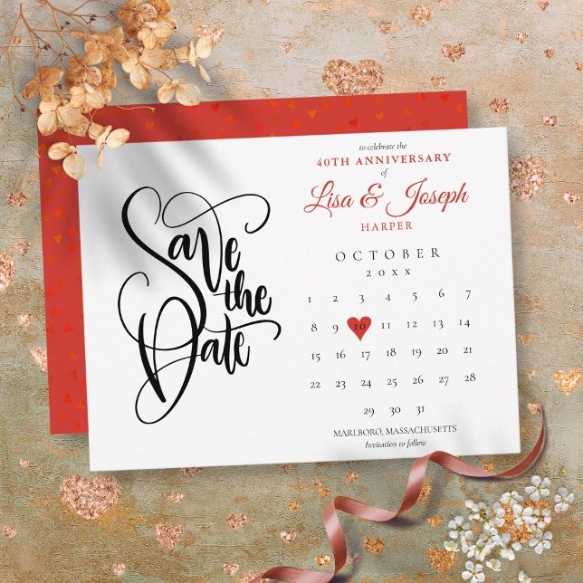 40th Anniversary Save the Date Calendar Ruby Heart Announcement Postcard (40th Anniversary Save the Date Calendar Ruby Heart Announcement Postcard)