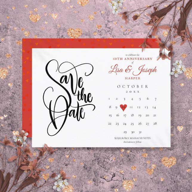 40th Anniversary Save the Date Calendar Ruby Heart Invitation (40th Anniversary Save the Date Calendar Ruby Heart Invitation)