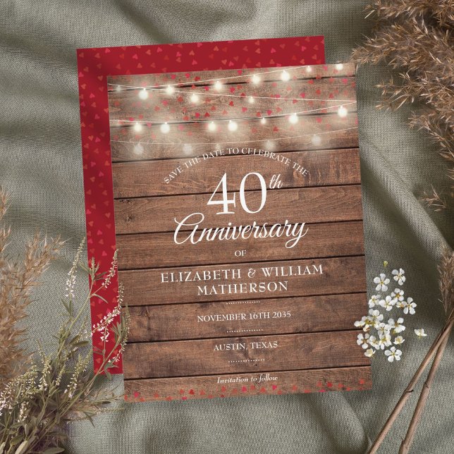 40th Anniversary String Lights Wood Save the Date Announcement Postcard (Creator Uploaded)