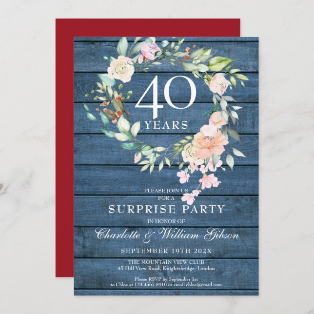 40th Anniversary Surprise Party Floral Blue Rustic Invitation (Front/Back)