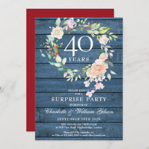 40th Anniversary Surprise Party Floral Blue Rustic Invitation