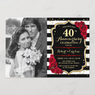 40th Anniversary with Photo - Gold Black Red Invitation