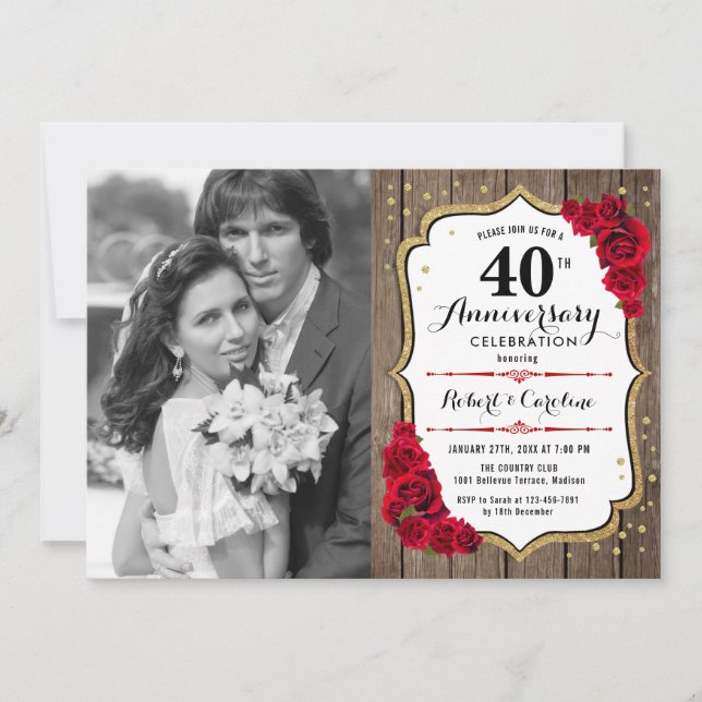 40th Anniversary with Photo - Wood Ruby Red Invitation (Front)