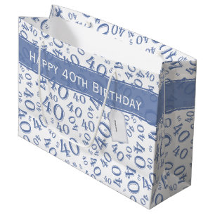 40th Biirthday Random Number Pattern Blue/White Large Gift Bag
