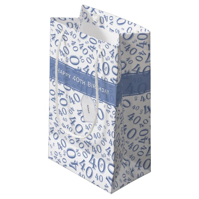 40th Biirthday Random Number Pattern Blue/White Small Gift Bag (Front Angled)