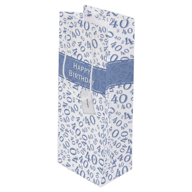 40th Biirthday Random Number Pattern Blue/White Wine Gift Bag (Front Angled)