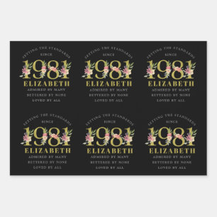40th Birthday 1981 Black Gold Floral Personalized Wrapping Paper Sheet