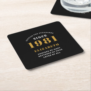 40th Birthday 1981 Black Gold lady's Personalized Square Paper Coaster