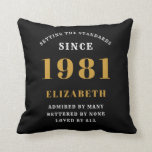 40th Birthday 1981 Black Gold lady's Personalized Throw Pillow<br><div class="desc">A personalized classic throw pillow design for that birthday celebration for special woman born in 1981 and turning 40. Add the name to this vintage retro style black, white and gold design for a custom 40th birthday gift. Easily edit the name and year with the template provided. A wonderful custom...</div>