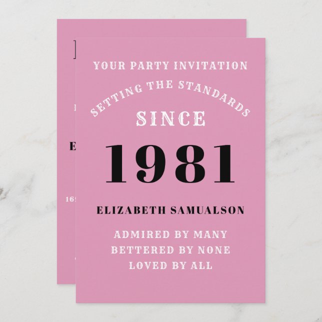 40th Birthday 1981 Black Pink Personalized For Her Invitation (Front/Back)