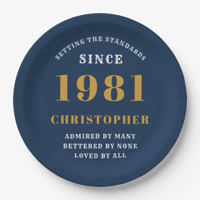 40th Birthday 1981 Blue Gold For Him Personalized Paper Plate (Front)