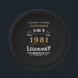 40th Birthday 1981 Legendary Personalized Retro Paper Plate<br><div class="desc">For those born in 1981 and celebrating their 40th birthday we have the ideal birthday paper plates. The black background with a white and gold vintage typography design design is simple and yet elegant with a retro feel. Easily customize the text of this birthday gift using the template provided. More...</div>