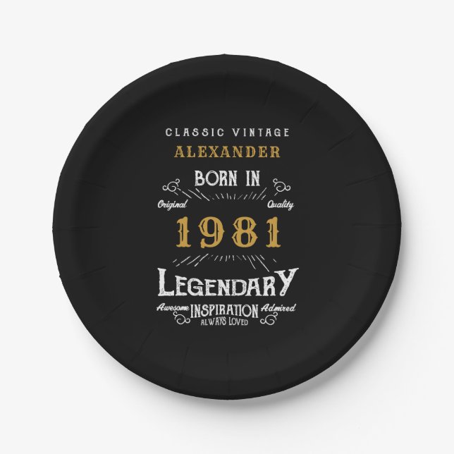 40th Birthday 1981 Legendary Personalized Retro Paper Plate (Front)