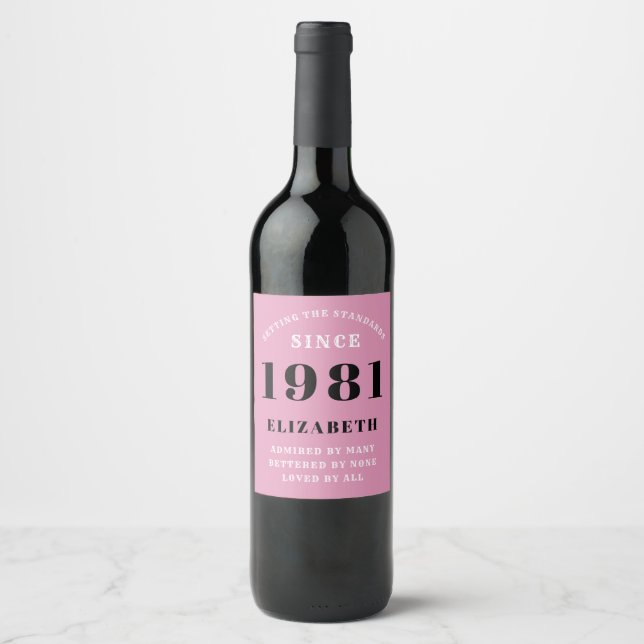 40th Birthday 1981 Pink Black lady's Personalized Wine Label (Front)