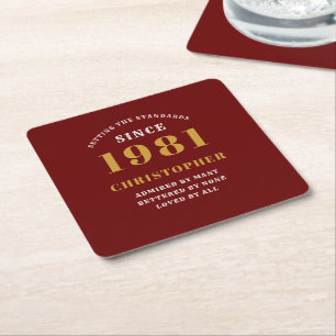 40th Birthday 1981 Red Gold For Him Personalized Square Paper Coaster