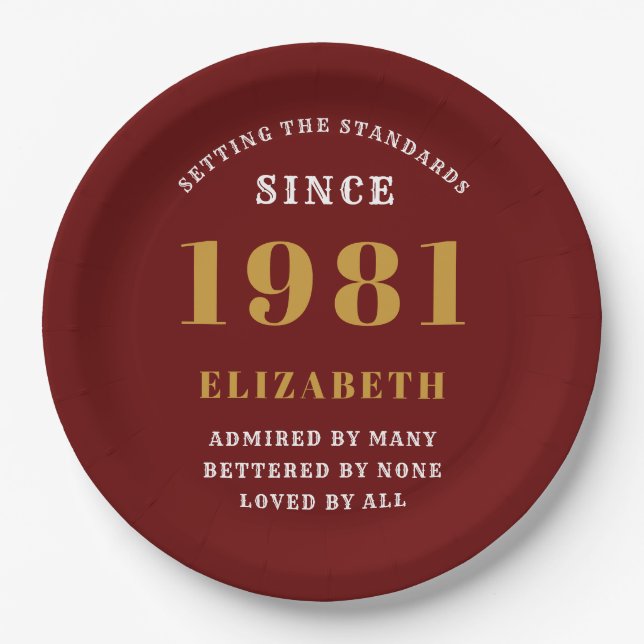 40th Birthday 1981 Red Gold lady's Personalized Paper Plate (Front)