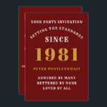 40th Birthday 1981 Red Gold Personalized For Him Invitation<br><div class="desc">For those born in 1981 and celebrating their 40th birthday party we have the ideal birthday invitation card. The red background with a white and gold design is simple and yet elegant. Easily customize the text to the front and the rear of this birthday invitation card using the template provided....</div>