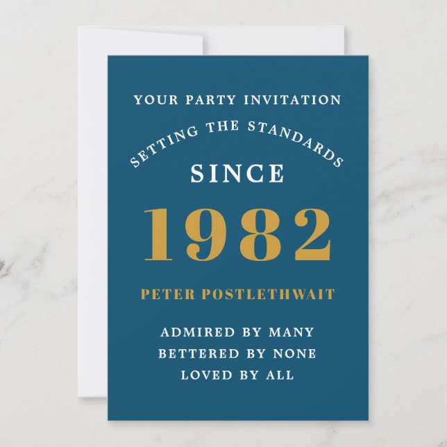 40th Birthday 1982 Blue Gold Elegant Chic  Invitation (Front)