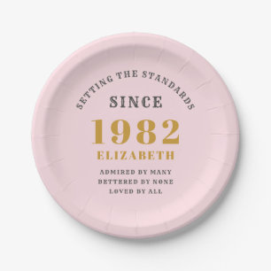 40th Birthday 1982 Elegant Gold Pink Grey Paper Plate