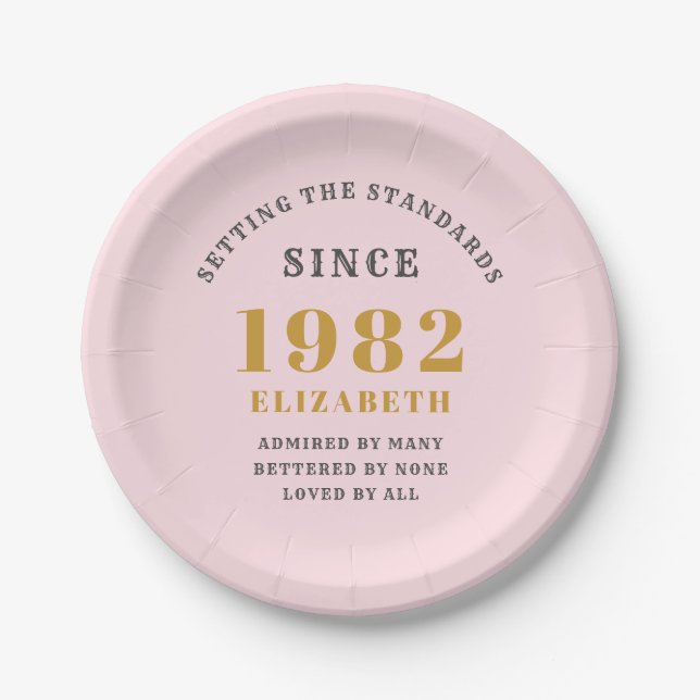 40th Birthday 1982 Elegant Gold Pink Grey Paper Plate (Front)