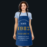 40th Birthday 1982 Elegant white Blue Gold Apron<br><div class="desc">A wonderful birthday gold design on an apron for that special celebration. Easily customize the text using the template provided. Part of the setting standards range of birthday supplies.</div>