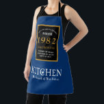 40th Birthday 1982 Name Elegant Black Gold Blue Apron<br><div class="desc">A wonderful birthday black and gold design on an apron for that special celebration. Easily customize the text using the template provided. Part of the setting standards range of birthday supplies.</div>