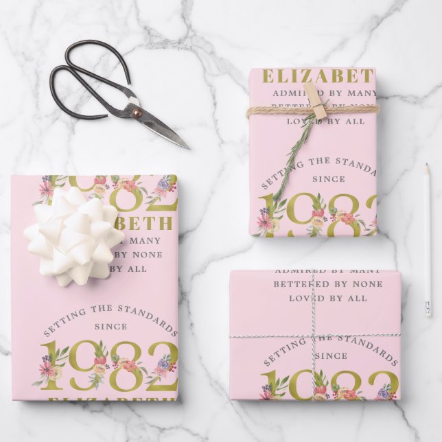 40th Birthday 1982 Pink Gold Floral Personalized W Wrapping Paper Sheet (Front)