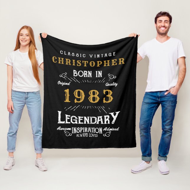 40th Birthday 1983 Add Name Legendary Black Gold Fleece Blanket (In Situ)
