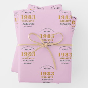 40th Birthday 1983 Add Name Pink Grey Wrapping Paper Sheet