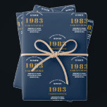40th Birthday 1983 Blue Gold Add Name Wrapping Paper Sheet<br><div class="desc">A personalized wrapping paper design for that birthday celebration for a special person. Add the name to this vintage retro style blue and gold design for a custom birthday gift. Easily edit the name and year with the template provided. A wonderful custom birthday gift. More gifts and party supplies for...</div>