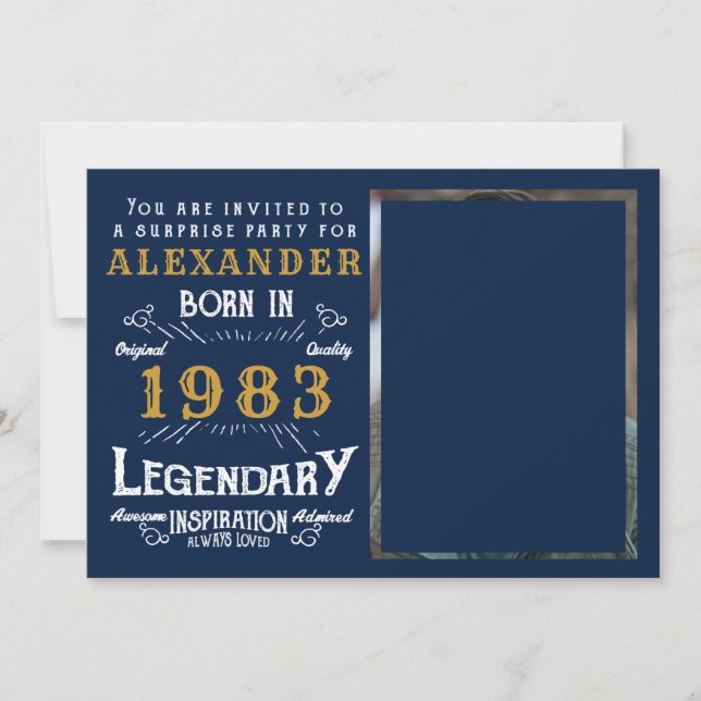 40th Birthday 1983 Legend Retro Blue Gold Invitation (Front)