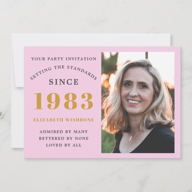 40th Birthday 1983 Name Photo Pink Grey Invitation (Front)