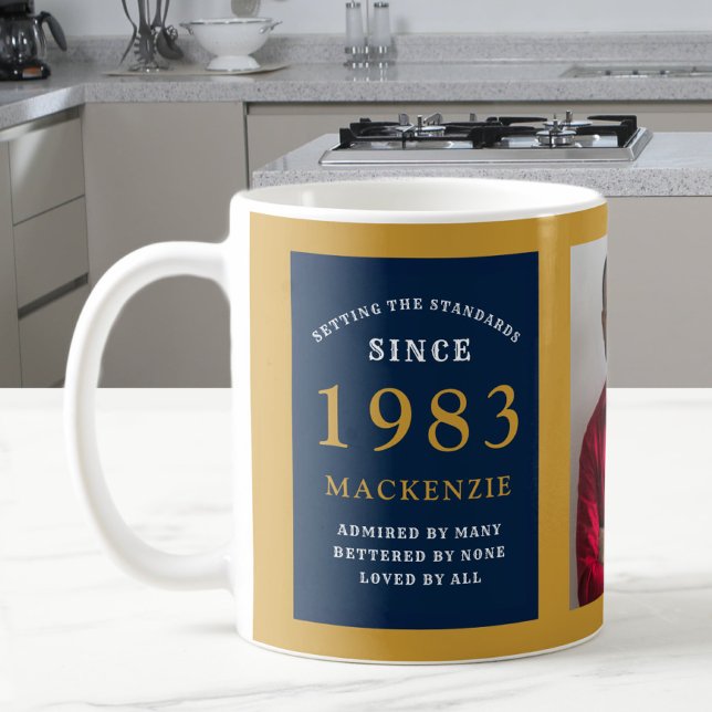 40th Birthday 1985 Blue Gold Add Name Photo Coffee Mug (Creator Uploaded)