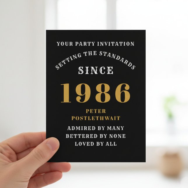 40th Birthday 1986 Black Gold Invitation (1986 birthday invitation. Blurred background.)