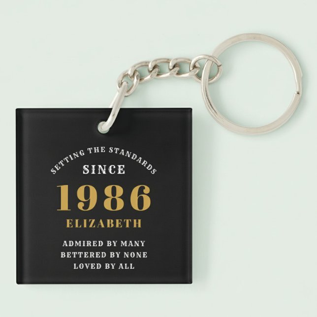 40th Birthday 1986 Black Gold Personalized Keychain (Born 1986 birthday keychain. Pastel background.)