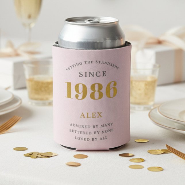 40th Birthday 1986 Keepsake Elegant Personalized Can Cooler (1986 pink can cooler with white background)