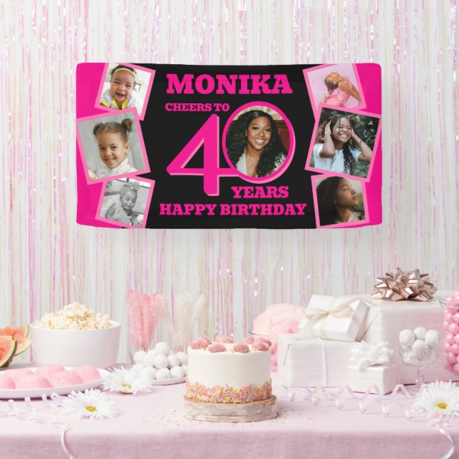 40th Birthday 7 photos name pink black Banner (Party)