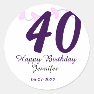 40th birthday add name date year purple floral pin classic round sticker