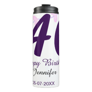 40th birthday add name date year purple floral pin thermal tumbler
