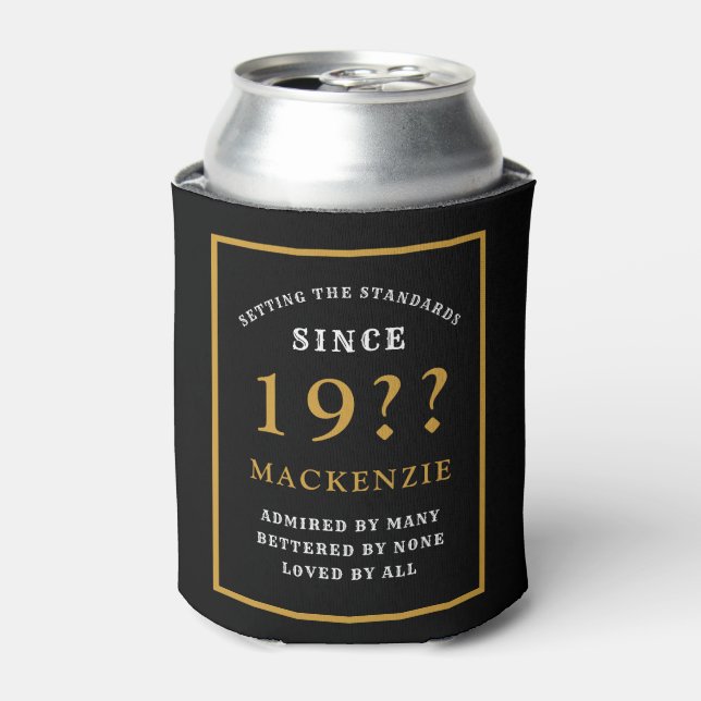 40th Birthday Add Name Year Elegant Black Gold Can Cooler (Can Front)