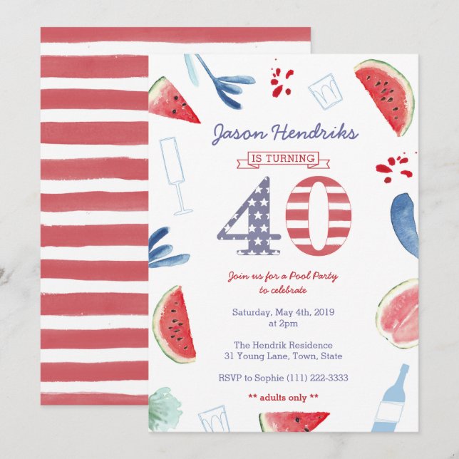 40th Birthday Adults Only Pool Party Cookout Invitation (Front/Back)
