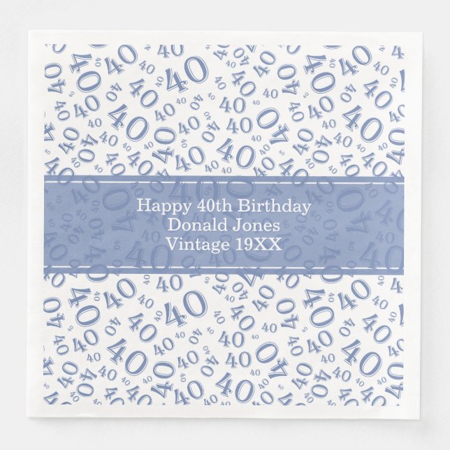 40th Birthday Age Number Pattern Blue/White Napkin (Front)