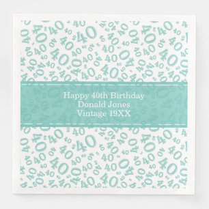 40th Birthday Age Number Pattern Teal/White Napkin
