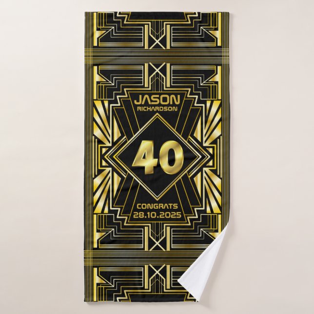 40th Birthday Art Deco Gold Black Great Gatsby Bath Towel (Bath Towel)
