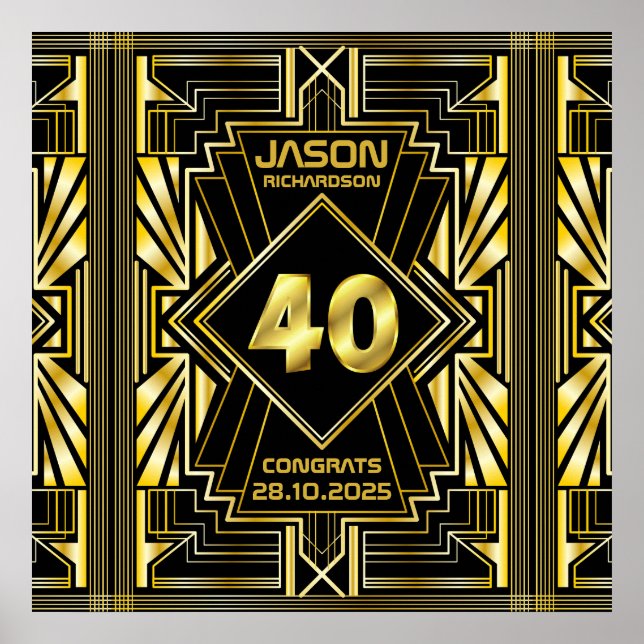 40th Birthday Art Deco Gold Black Great Gatsby Poster (Front)