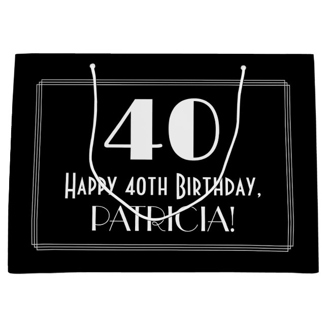 40th Birthday: Art Deco Inspired Style "40", Name Large Gift Bag (Front)